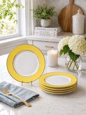 Luxe 6” Porcelain Plates – Set of 4 – White, Yellow Rim w/ Gold Trim – New